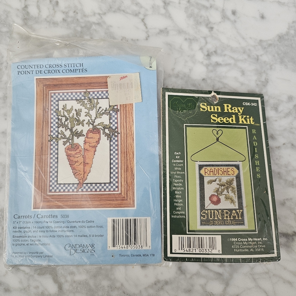 Vintage gardening Theme Embroidery kit vegetable garden shed carrot lot Of 2